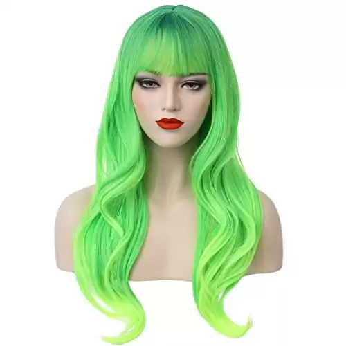 BERON 26 Inches Lime Green Wig Long Wavy Wig with Bangs Neon Green Wig Synthetic Wig Long Wig Ombre Green Wigs for Women Girls Wig Cap Included