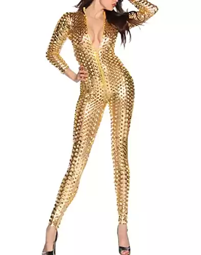 Women's Sexy Hollow Cat Suit One Piece Metallic Sexy Skinny Clubwear Costume