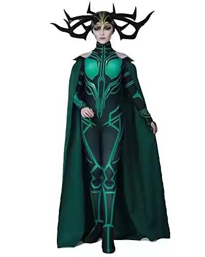 Women's Hela Cosplay Costume Halloween Jumpsuit with Cape