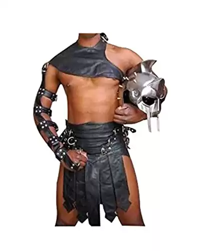 Real Black Leather Heavy Duty Mens Roman Gladiator Kilt Set