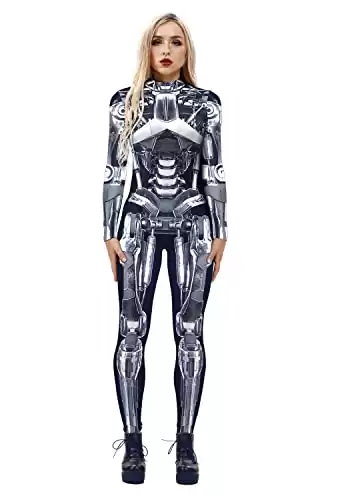 URVIP Women Halloween Cosplay Costume 3D Printed Skinny Stretch Skeleton Catsuit Jumpsuit Bodysuit