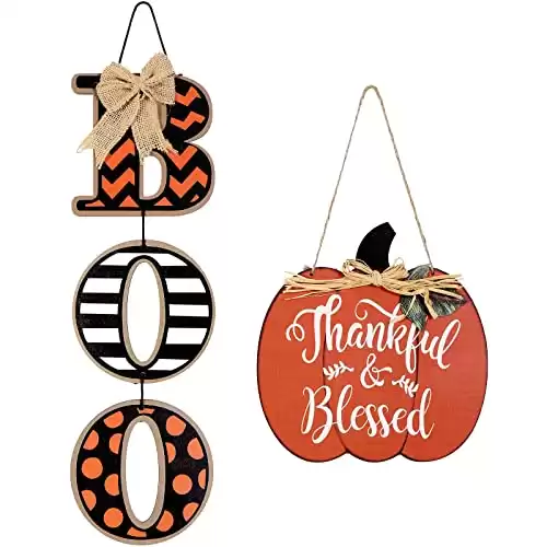 Halloween Boo Sign and Thanksgiving Wood Pumpkin Door Decoration