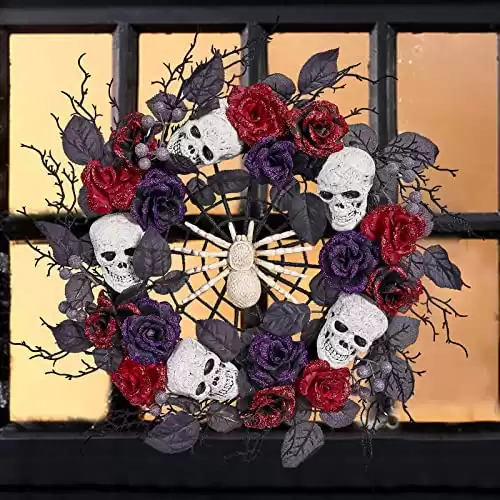 22-inch Halloween Wreath with Artificial Roses and Skull Heads