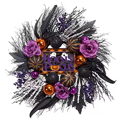 Halloween Wreath for Front Door with Artificial Roses and Pumpkin Skulls